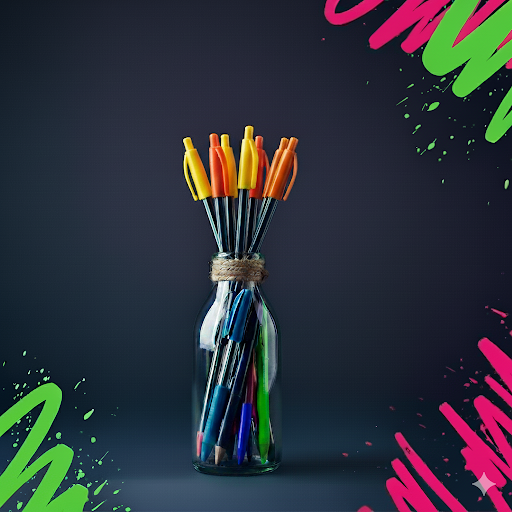 A bottle full of pens.